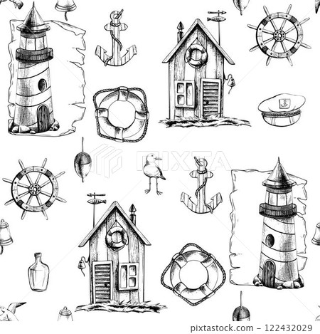 Sea lighthouse with fishing cabin, anchor, lifebuoy and steering wheel. Graphic illustration on nautical theme hand drawn line art in black and white monochrome. Seamless pattern 122432029