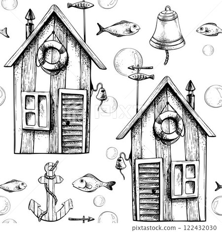 Marine cabins striped houses for rest and fishing with anchor, bell, fish and bubbles. Graphic illustration on nautical theme hand drawn line art in black and white monochrome. Seamless pattern 122432030