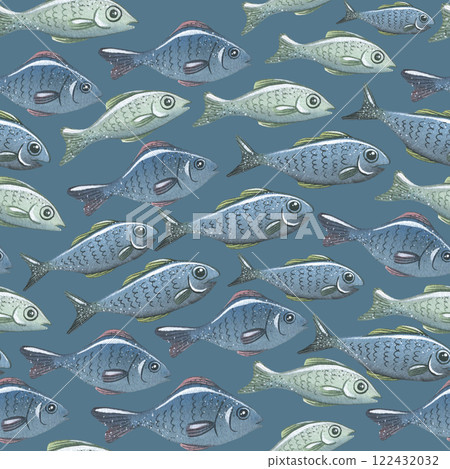 Simple fish and bubbles in a watercolor, seamless pattern. A flock, a school of fish, in blue-gray color. For decoration and design of fabrics, textiles, wallpaper, covers, equipment of fishermen 122432032