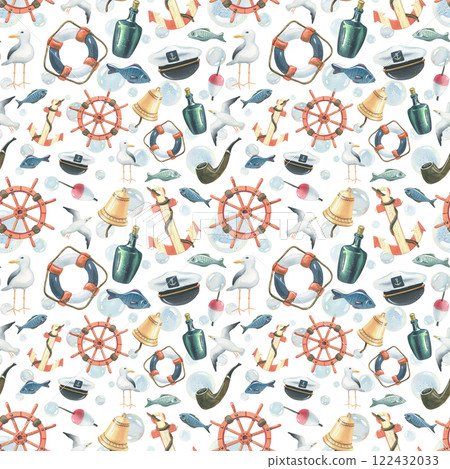 Steering wheel, lifebuoy, sea gulls, captain's cap, fish, water bladders, anchor, bottle of rum, tobacco pipe, ship's bell. Watercolor hand-drawn illustration. Seamless pattern on a white background 122432033