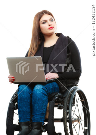 Woman invalid girl on wheelchair using computer Woman invalid girl on wheelchair using computer 122432154