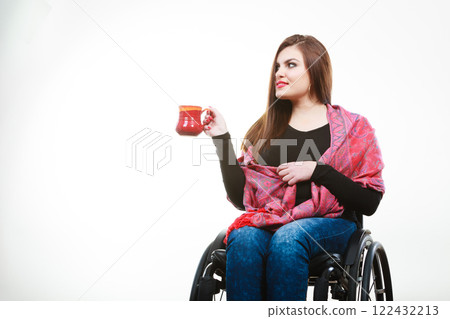 Cheerful crippled lady on wheelchair. Cheerful crippled lady on wheelchair. 122432213