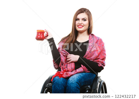 Cheerful crippled lady on wheelchair. 122432217