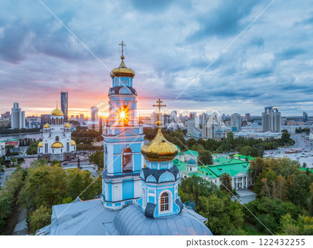Summer Yekaterinburg, Temple of the Ascension and Temple on Blood in beautiful clear sunset. Summer Yekaterinburg, Temple of the Ascension and Temple on Blood in beautiful clear sunset. 122432255