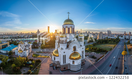 Summer Yekaterinburg, Temple on Blood and Church of St Nicholas in sunset. Aerial view of Yekaterinburg, Russia. Translation of text on the temple: Honest to the Lord is the death of His saints 122432258