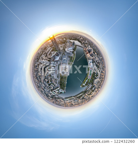 Yekaterinburg city with Buildings of Regional Government and Parliament, Dramatic Theatre, Iset Tower, Yeltsin Center, Aerial View. Little planet sphere mode Yekaterinburg city with Buildings of Regional Government and Parliament, Dramatic Theatre, Iset Tower, Yeltsin Center, Aerial View. Little planet sphere mode 122432260