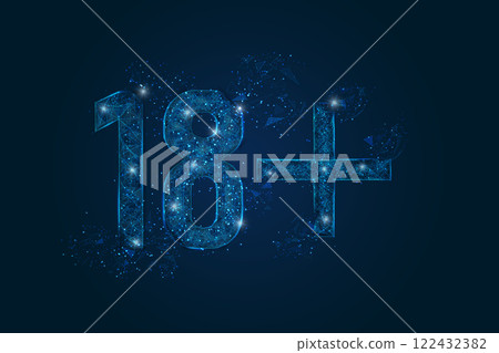 Abstract isolated blue image of 18 plus only censored. Polygonal low poly wireframe illustration looks like stars in the black night sky in space or flying glass shards. 122432382