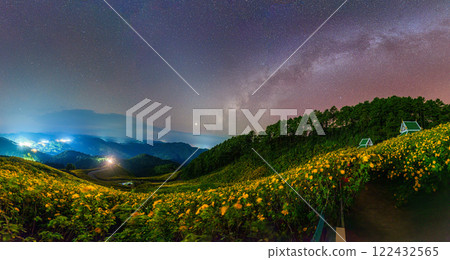 Milky way with starry over Tree Marigold field on hill in the night 122432565