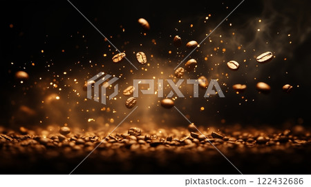 Flying coffee beans on a dark background with smoke 122432686