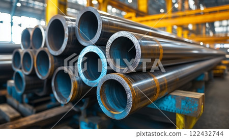 Stack of stainless steel pipes in warehouse 122432744