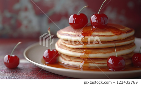 Pancakes, honey, cherry. Generative AI 122432769