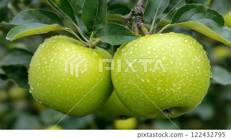 Ripe beautiful green apple fruit on tree in plantation farm orchard Ripe beautiful green apple fruit on tree in plantation farm orchard 122432795