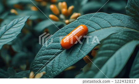 vibrant orange pill resting on lush green leaf 122432817