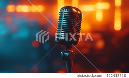 Vintage microphone with vibrant audio wave background 122432818