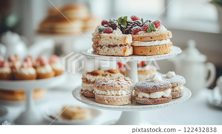 Afternoon Tea. Traditional English afternoon tea with cakes and sandwiches 122432838