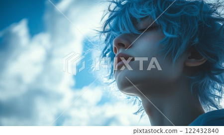Anime Boy On Sky Blue Color Background. Anime Boy On Sky Blue Color Background. 122432840