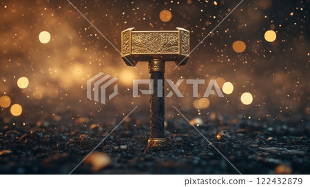 Ancient fantasy hammer standing upright on a dark blurred background 122432879