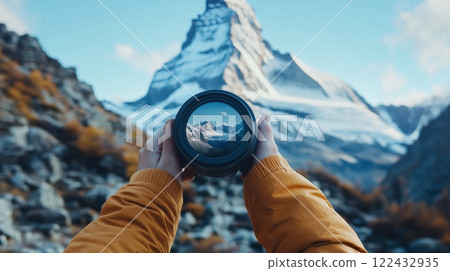 Capturing the Majestic Snow-Capped Peaks: Hand Holding Camera Lens 122432935