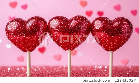 Red heart-shaped lollipop candy over pink background. 122433027