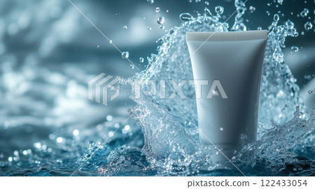 Water splashing on a blue background in close-up of a white blank 122433054