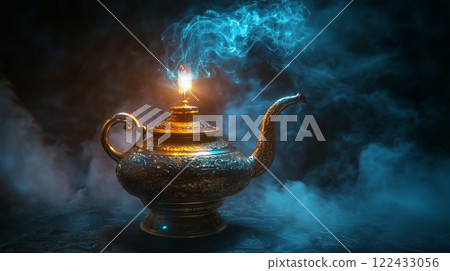 Wish concept lamp.Antique oil lamp style genem arabian nights 122433056