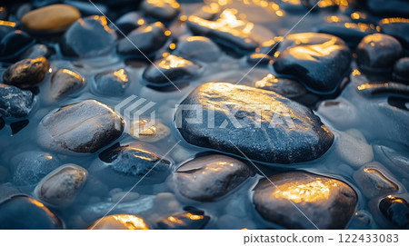 A close-up view of wet, black river stones 122433083