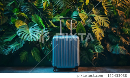 A luggage suitcase stands against green exotic tropical plants wall. 122433088