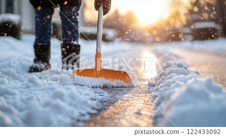 A person shovels snow off a residential road A person shovels snow off a residential road 122433092