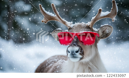 A reindeer wearing red sunglasses in a snowy landscape 122433097