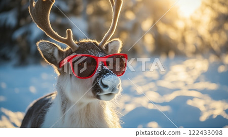 A reindeer wearing red sunglasses in a snowy landscape 122433098