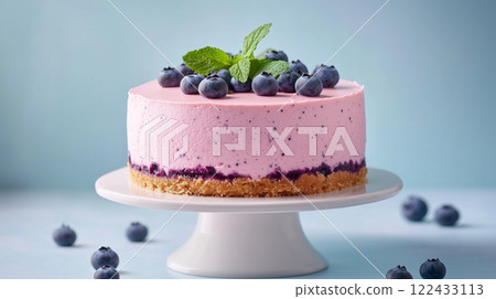 Blueberry cheesecake on a white stand, garnished with fresh blueberries Blueberry cheesecake on a white stand, garnished with fresh blueberries 122433113