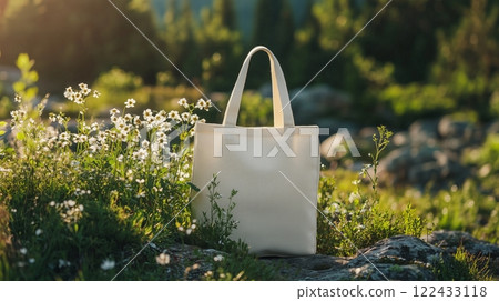 Chic tote bag displayed in nature 122433118