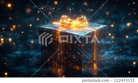 Glowing gift box with dark background. Cyberpunk Glowing gift box with dark background. Cyberpunk 122433155
