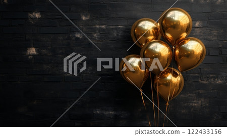 Gold balloons black wall. Generative AI Gold balloons black wall. Generative AI 122433156