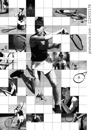 Collage in mosaic style of female tennis players in action, showcasing skill, focus, and agility. Collage in mosaic style of female tennis players in action, showcasing skill, focus, and agility. 122433176