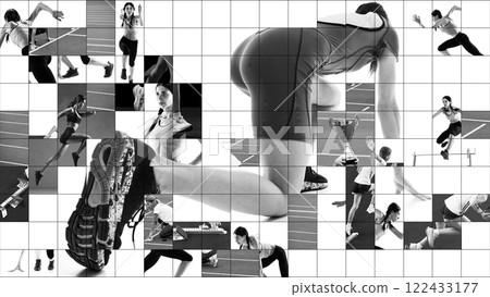 Mosaic collage of runners, athletes in motion, highlighting speed, endurance, and strength. Athletics. 122433177
