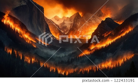 Aerial view of intense devastating raging forest fire. Burned pine forest at wildfire. Intense smoke. Hills, mountains, blue sky. Caused by summer heat wave and drought due to climate change. Aerial view of intense devastating raging forest fire. Burned pine forest at wildfire. Intense smoke. Hills, mountains, blue sky. Caused by summer heat wave and drought due to climate change. 122433191