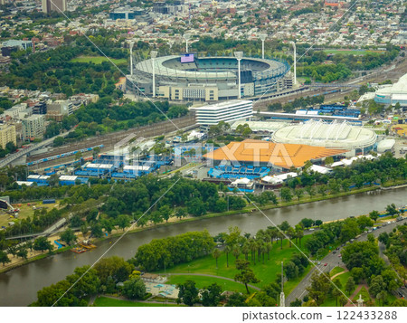 Aerial view of Margaret Court Arena and other tennis courts for hosting the Australian Open 122433288