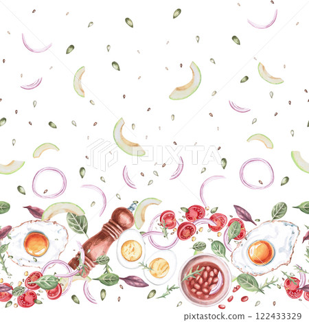 Seamless pattern with spice mill and products on white background. Watercolor illustration on breakfast theme for restaurant menu and interior design, gastronomic festivals design. Seamless pattern with spice mill and products on white background. Watercolor illustration on breakfast theme for restaurant menu and interior design, gastronomic festivals design. 122433329