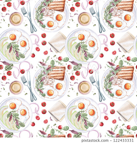 Seamless pattern with different breakfasts on a white background. Watercolor illustration on the theme of food for the design of the menu and interior of the restaurant, gastronomic festivals. Seamless pattern with different breakfasts on a white background. Watercolor illustration on the theme of food for the design of the menu and interior of the restaurant, gastronomic festivals. 122433331