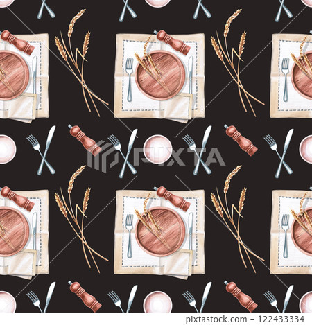 Seamless pattern with table setting on black background. Watercolor illustration on breakfast theme for restaurant menu and interior design. packaging, design of gastronomic festivals. 122433334