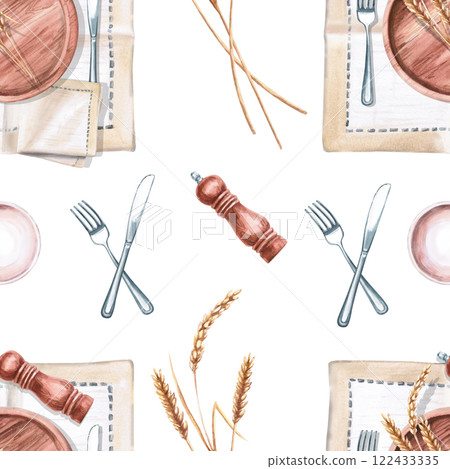 Seamless pattern with table setting. Watercolor illustration on the theme of breakfast for menu design and restaurant interior. packaging, design of gastronomic festivals. 122433335