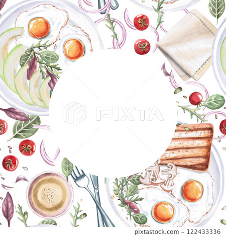 Square frame with breakfast products. Isolated watercolor illustration on food theme for restaurant menu design, gastronomic magazines and festivals. Square frame with breakfast products. Isolated watercolor illustration on food theme for restaurant menu design, gastronomic magazines and festivals. 122433336