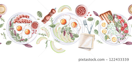 Seamless border with different breakfast plates. Isolated watercolor illustration on food theme for restaurant menu design, gastronomic magazines and festivals. 122433339