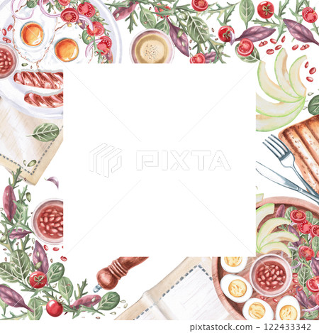 Square frame with served plates and breakfast products. Isolated watercolor illustration on food theme for restaurant menu design, gastronomic magazines and festivals. Square frame with served plates and breakfast products. Isolated watercolor illustration on food theme for restaurant menu design, gastronomic magazines and festivals. 122433342