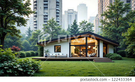 The lifestyle of the super-rich living in a big city. A single-story house with a spacious garden. The person who lives here may be a landowner. 122433364