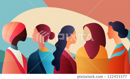 Group silhouette of multicultural women. Empowerment -equality - inclusion - Diversity - or girl power concept. International women s day. Vivid colors Group silhouette of multicultural women. Empowerment -equality - inclusion - Diversity - or girl power concept. International women s day. Vivid colors 122433377