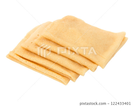 Stack of several folded fried delicious golden brown pancakes 122433401
