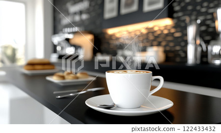 Steaming Cup of Coffee in a Cozy Modern Cafe 122433432