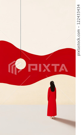 A solitary woman in a flowing red dress stands barefoot in a minimalist space, gazing at an abstract wall with a red wave-like form and a suspended glowing orb, creating a surreal and contemplative 122433434